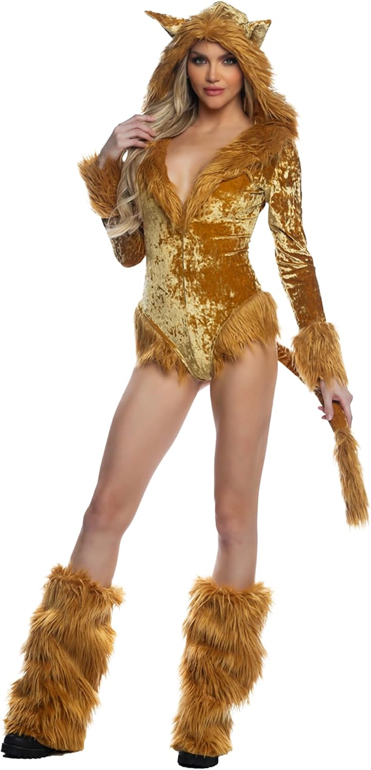 Sexy Lion Costume Adult Womens Halloween Costume: Lusty Lioness Scaredy Lion Bodysuit, Sexy Furry Animal Costume for Women