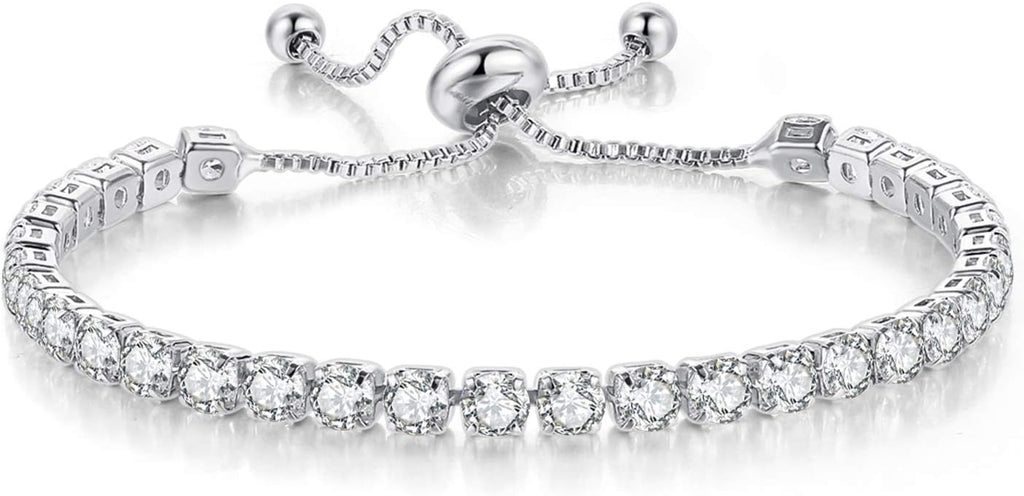 Tennis Bracelets for Women White Gold Plated Diamond AAA+ Cubic Zirconia CZ Dainty Classic Adjustable Slider Bracelet Silver Fashion Jewelry Wedding Gift