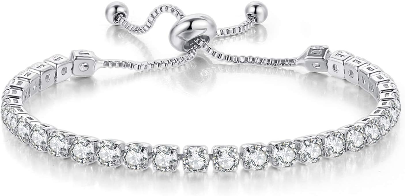Tennis Bracelets for Women White Gold Plated Diamond AAA+ Cubic Zirconia CZ Dainty Classic Adjustable Slider Bracelet Silver Fashion Jewelry Wedding Gift