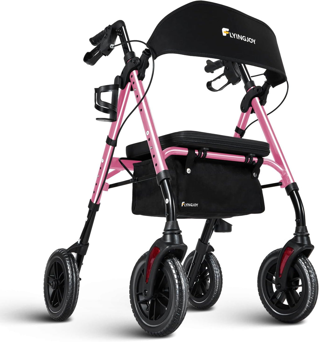 Lightweight Rollator Walker with Seat & Backrest - Foldable Mobility Aid for Seniors, 8" Large Airless Tires, Adjustable Height,Brake,Storage Bag,300 lbs Capacity,4 Wheel Rolling Walkers for Adults