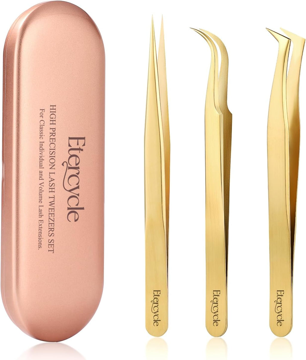 Etercycle High Precision Lash Tweezers Set - Includes 3 Stainless Steel Eyelash Tweezers for Classic Individual and Volume Lash Extensions. Complete with Storage Box