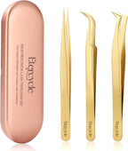 Etercycle High Precision Lash Tweezers Set - Includes 3 Stainless Steel Eyelash Tweezers for Classic Individual and Volume Lash Extensions. Complete with Storage Box