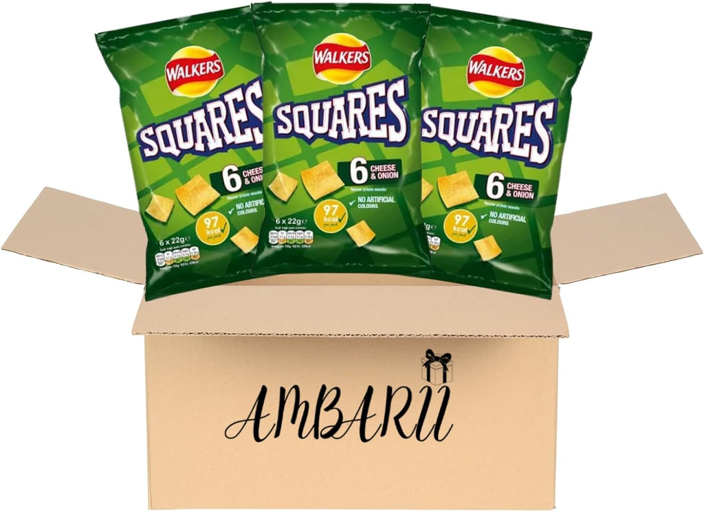 AMBARII Walkers Squares Cheese & Onion Crisps, British Snack Chips Pack of 6 x 3