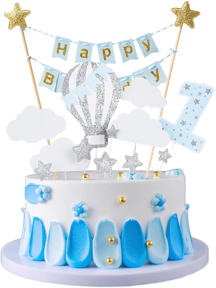 JKJF 1st Birthday Cake Topper for Boy Happy Birthday Cake Topper Banner Garland Glitter Cake Topper For Kids Birthday Party Baby Shower Decoration - Blue