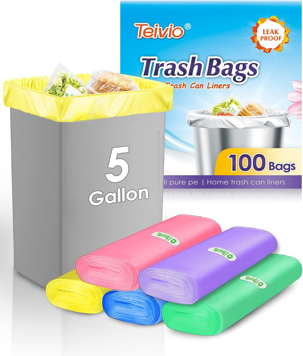 Teivio Colorful Clear Trash Bags 5 Gallon 100 Counts Garbage Bags, Bathroom Trash Can Bin Liners, Small Plastic Bags for home office kitchen, fit 15-18 Liter, 3,3.5,4.5 Gal,Multicolor