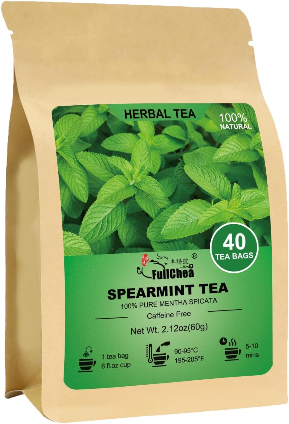 FullChea - Spearmint Tea Bags, 40 Teabags, 1.5g/bag - Premium Spearmint Leaves - Non-GMO - Caffeine-free - High in Antioxidant & Support Digestion
