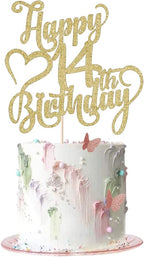 Gold Glitter Happy 14th Birthday Cake Topper - 14 Anniversary/Birthday - Hello 14, Cheers to 14 Years,14 & Fabulous Cake Topper Party Decoration