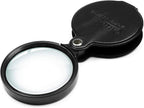 10x Small Pocket Magnifier Glass, Qirte Mini Folding Magnifying Lenses with Rotating Protective Leather Sheath for Seniors Reading, Inspection, Kids for Exploration, Elder Gift, 2 3/8'' Lens Size