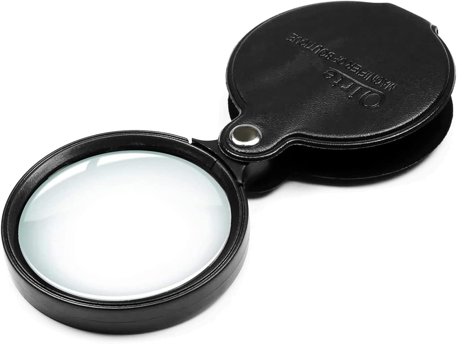 10x Small Pocket Magnifier Glass, Qirte Mini Folding Magnifying Lenses with Rotating Protective Leather Sheath for Seniors Reading, Inspection, Kids for Exploration, Elder Gift, 2 3/8'' Lens Size
