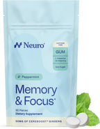Neuro Memory & Focus Gum - Nootropic Gum with Vitamin B12, Vitamin B6, L-Theanine & Ginseng Extract - Natural Brain Support Supplement - Vegan, Caffeine & Sugar Free Chews - Peppermint, 90 ct
