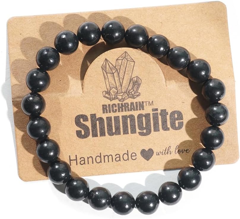 RICHRAIN Shungite Bracelet Shungite Stones Shungite Round Beads Handmade Stretch Healing Crystal Protection Jewelry for Men Women