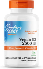 Doctors Best Vegan Vitamin D3 2500 IU Veg Caps - Vegan Vitamin D Supplement for Men & Women, Helps Support Calcium Absorption, Heart Health & Immune Support, 62.5 mcg per Serving - 60 Veggie Capsules