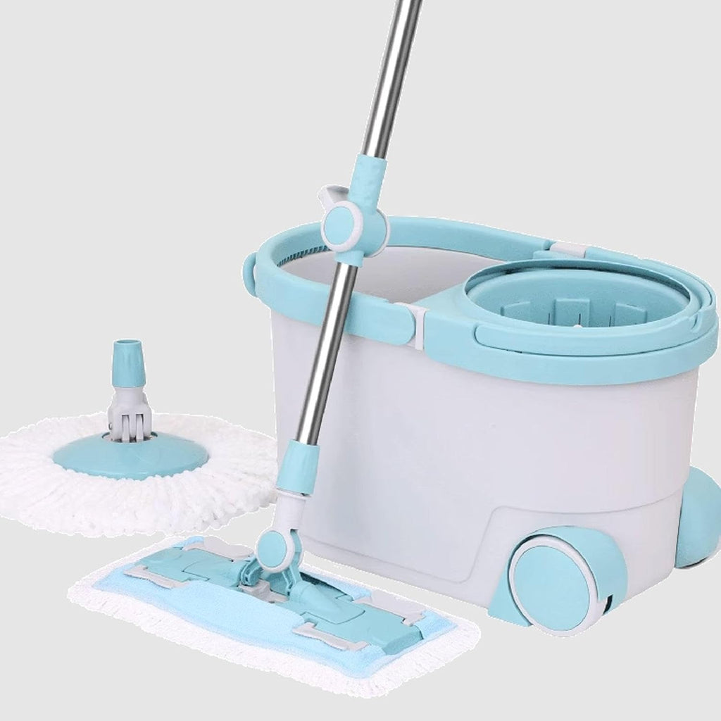 Spin Mop Bucket 360 Spinning Floor Cleaning System with Flat Floor Mop Head and Round Mop Head, 53.5-in Extended Handle, 2 x Wheel for Home Cleaning, for Hardwood Laminate Tiles