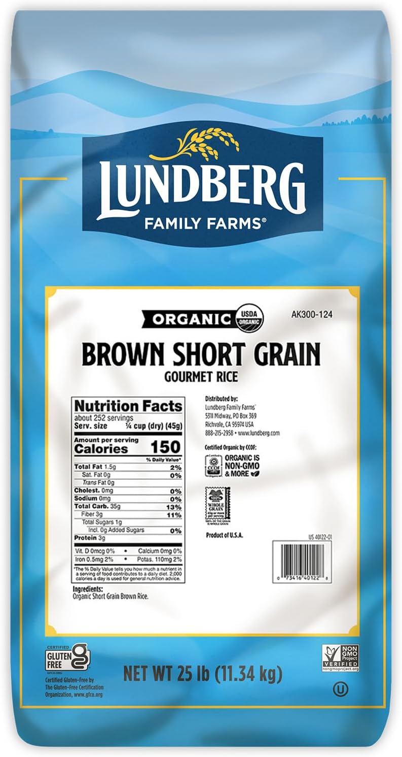 Lundberg Organic Brown Rice, Short Grain - Whole Grain Rice that Clings Together When Cooked, Subtle Nutty Flavor, Healthy Food, Vegan, Pantry Staples, Organic Rice Grown in California, 25 Lbs