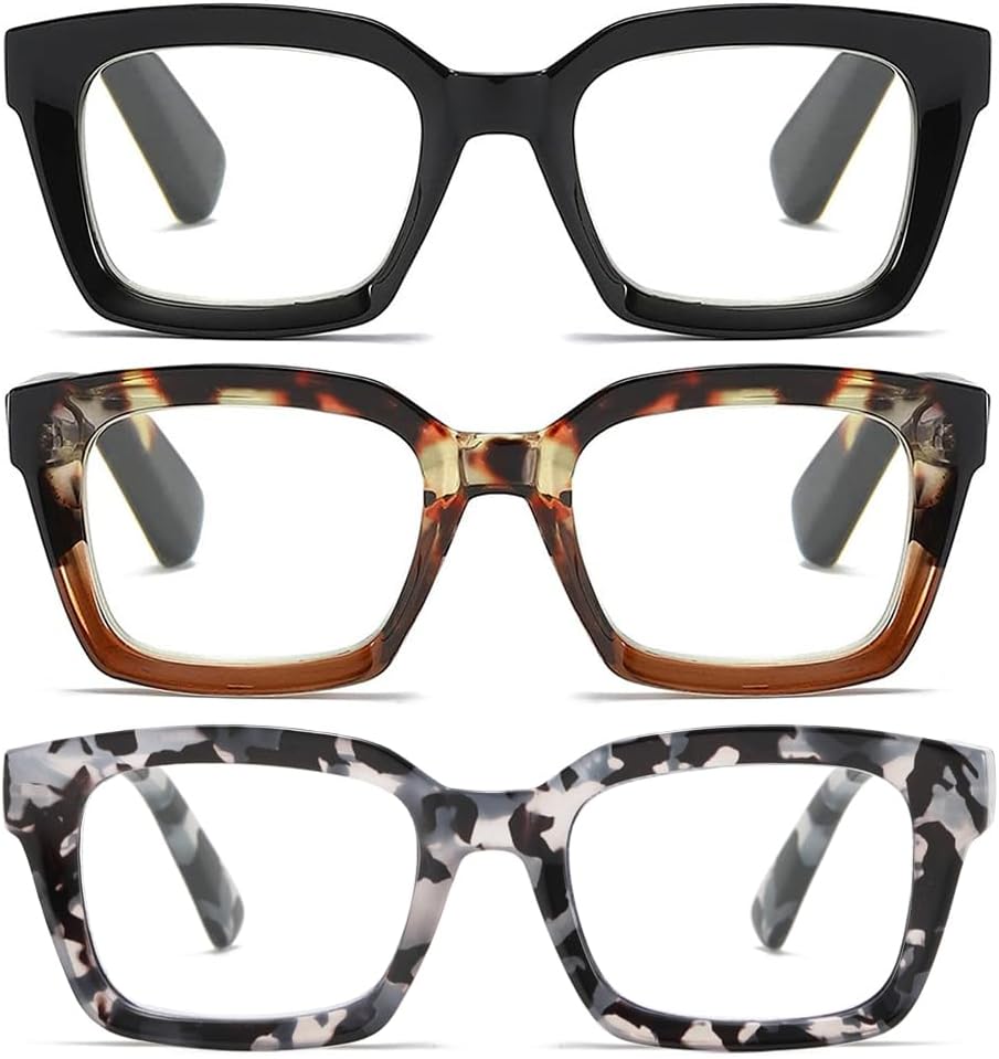 3 Pack Oversize Square Design Reading Glasses for Women, Blue Light Blocking Computer Reader+2.50
