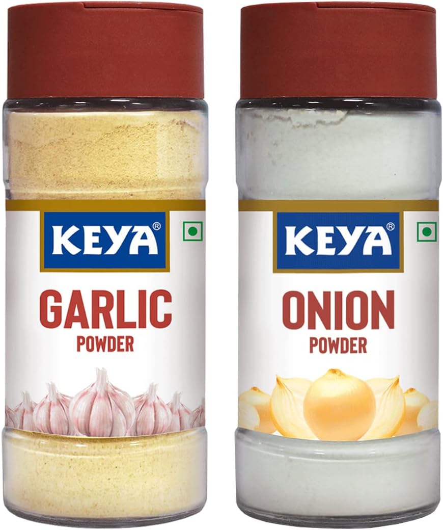 Keya Combo of Garlic Powder 55gm, Onion Powder 50gm Ready to use Sourced From Whole Zero added Colours, Fillers, Additives Preservatives Pack 2