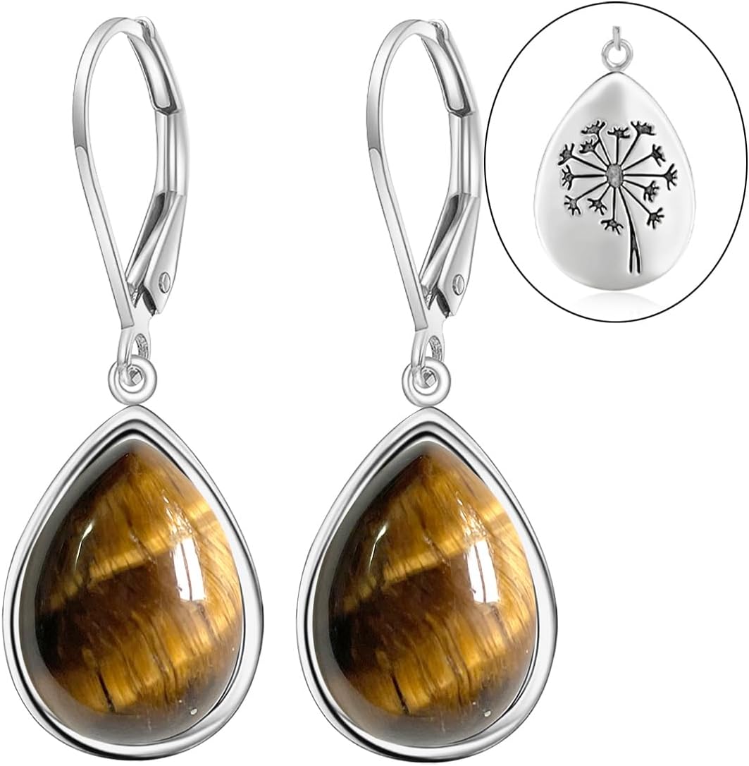 Natural Simple Oval Waterdrop Stone Drop Earrings,925 Sterling Silver Real Genuine Crystal Quartz Gemstone Dandelion Flower Statement Dangle Earrings for Women Her