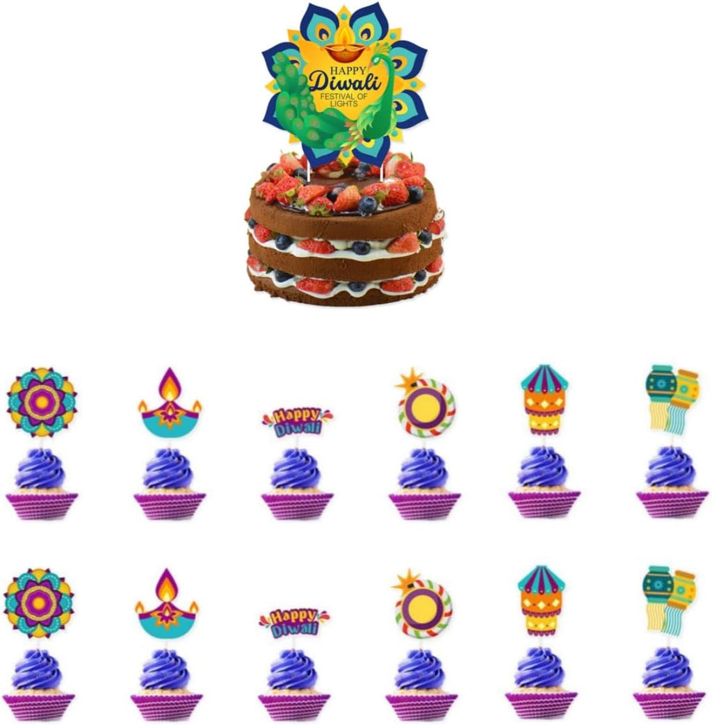 KYMY Happy Diwali Cake & Cupcake Toppers Set, 1PC Diyas Cake Topper & 12PCS Deepavali Rangoli Cupcake Picks, India Festival of Lights Birthday Table Decorations for Hindu Diwali Themed Party Supplies