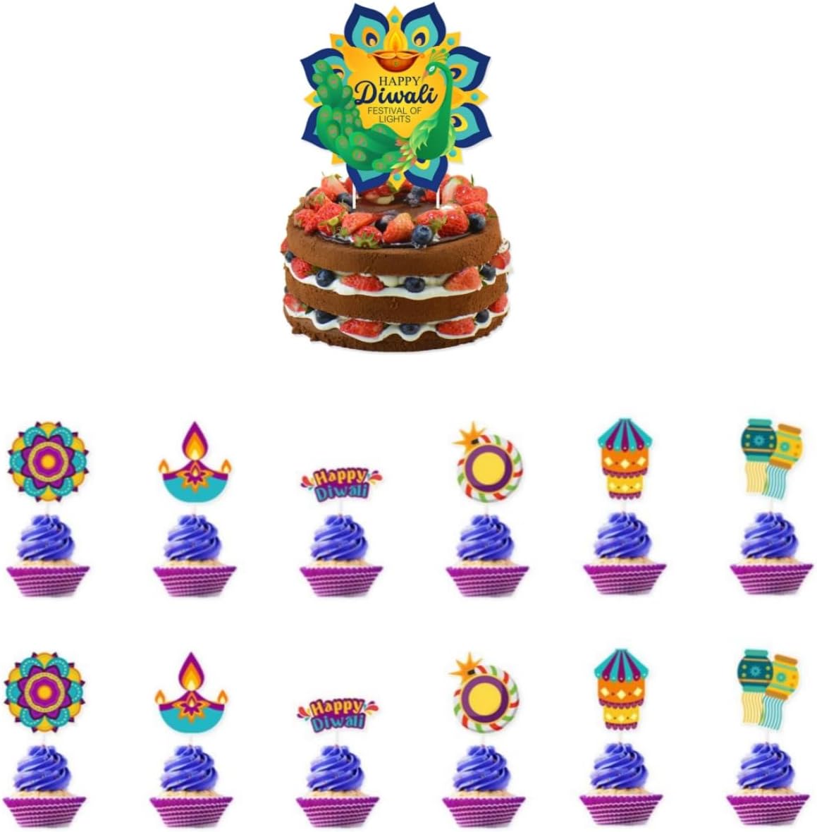KYMY Happy Diwali Cake & Cupcake Toppers Set, 1PC Diyas Cake Topper & 12PCS Deepavali Rangoli Cupcake Picks, India Festival of Lights Birthday Table Decorations for Hindu Diwali Themed Party Supplies