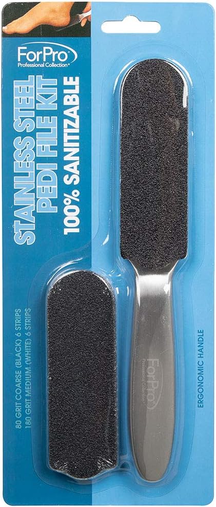 ForPro Professional Collection Stainless Steel Pedi File Kit - 100% Sanitizable Pedicure File for Heels and Feet - Includes Six Black 80 Grit and Six White 180 Grit Refill Strips- 8.5" L