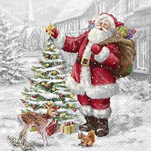 IHR Ideal Home Range Cocktail Napkins Disposable 3-Ply Paper Party Napkin Pack, 5" x 5", Santa Christmas Tree, 20-Count