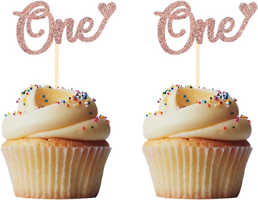 Morndew 24 PCS Rose Gold One/1st Cupcake Toppers for Baby Shower Kids First Birthday Anniversary Party Decorations