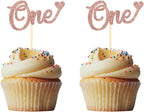 Morndew 24 PCS Rose Gold One/1st Cupcake Toppers for Baby Shower Kids First Birthday Anniversary Party Decorations