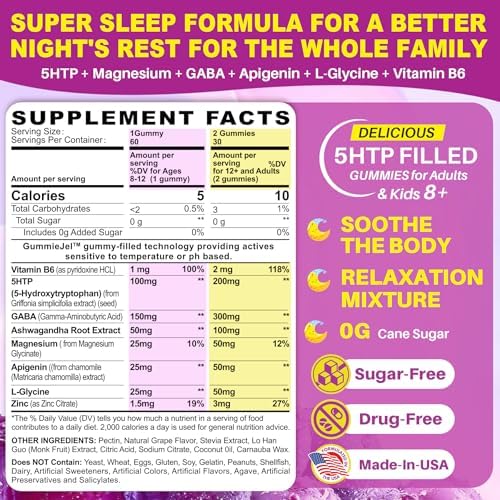5HTP Gummies for Adults & Kids 8+, Melatonin Free Gummies with Magnesium Glycinate, GABA, L-Glycine, Ashwagandha, Vitamin B6 for Delicious Zzzs, Brain & Muscle Relaxation, 0 Sugar 60 Count (Pack of 1)