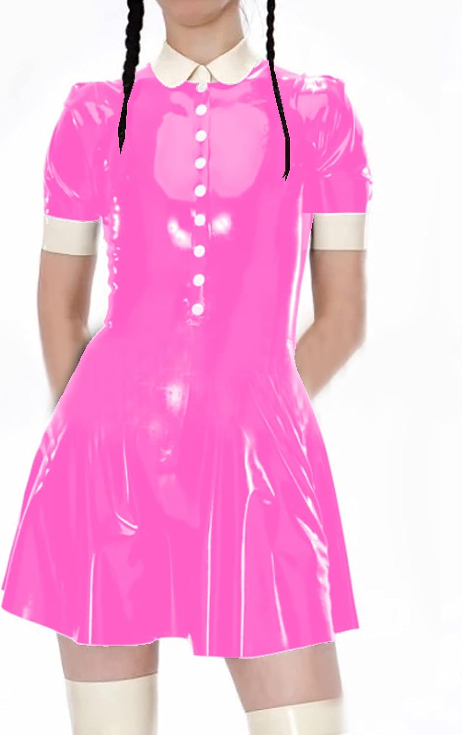 Female Turndown Collar Leather Dress Casual Short Sleeve Mini Dress Buttons PVC Dress,Light Pink,XXL