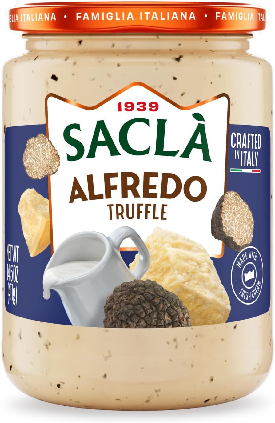 SACLA Alfredo Sauce with Black Truffle | Creamy Italian White Pasta Sauce with Grana Padano DOP Cheese & Black Truffle | 14.5 oz Glass Jar | Imported from Italy