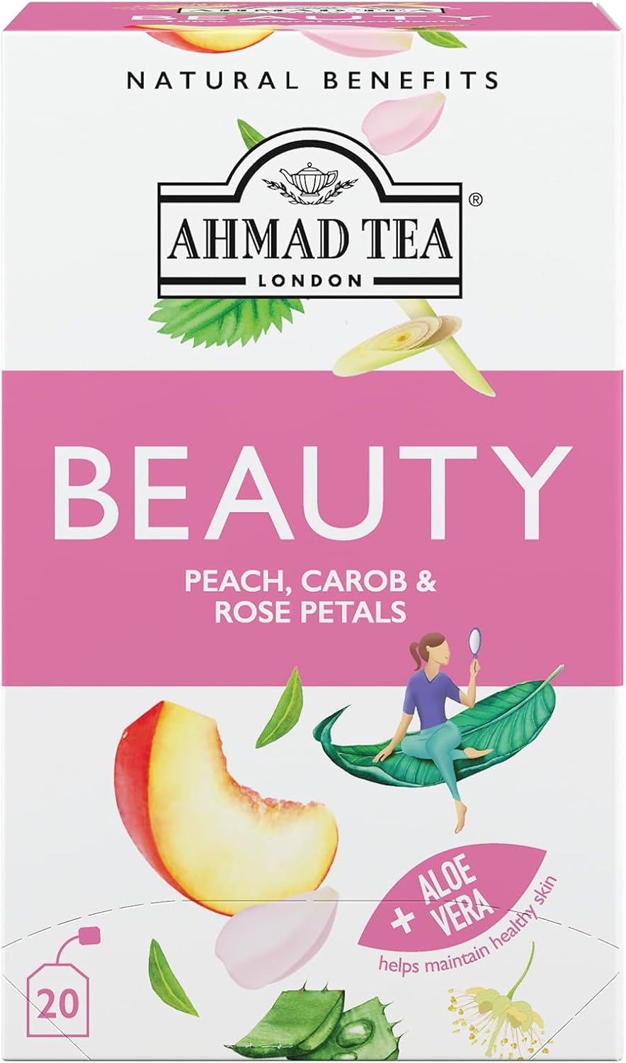Ahmad Tea Herbal Tea, Peach, Carob, and Rose Petals 'Beauty' Natural Benefits Teabags, 20 ct (Pack of 6) - Decaffeinated & Sugar-Free