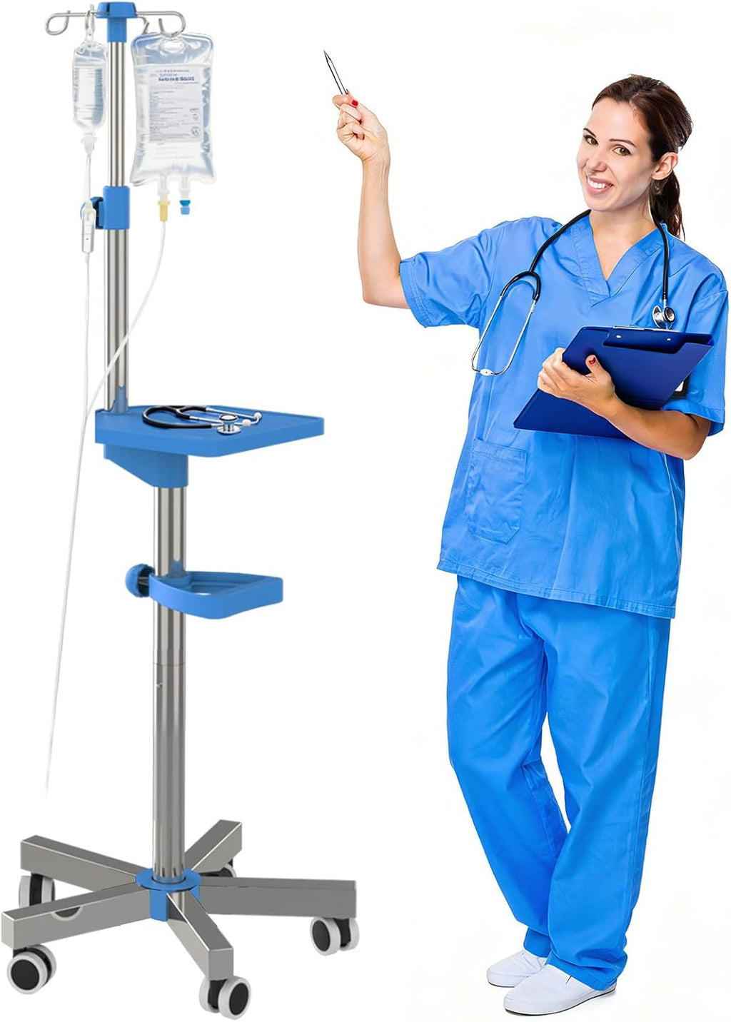 IV Pole with Wheels Medical Portable IV Stand with 4 Hooks and Tray, 52.3“ to 70.8” Height Adjustable, IV Pole Stand for Hospital, Home and Outdoor Use