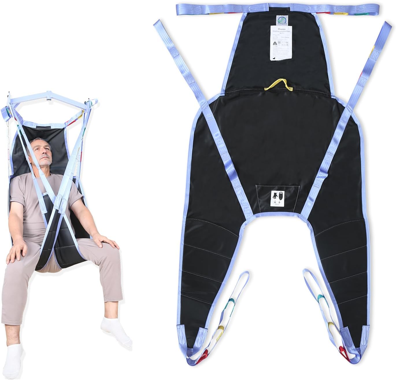 Universal Divided Leg Sling with Head Support, Padded Patient Lift Sling for Transfer, Lifting or Positioning, U Shape Transfer Sling for Elderly, Disabled, Bedridden, 500Lbs (Black, Medium)