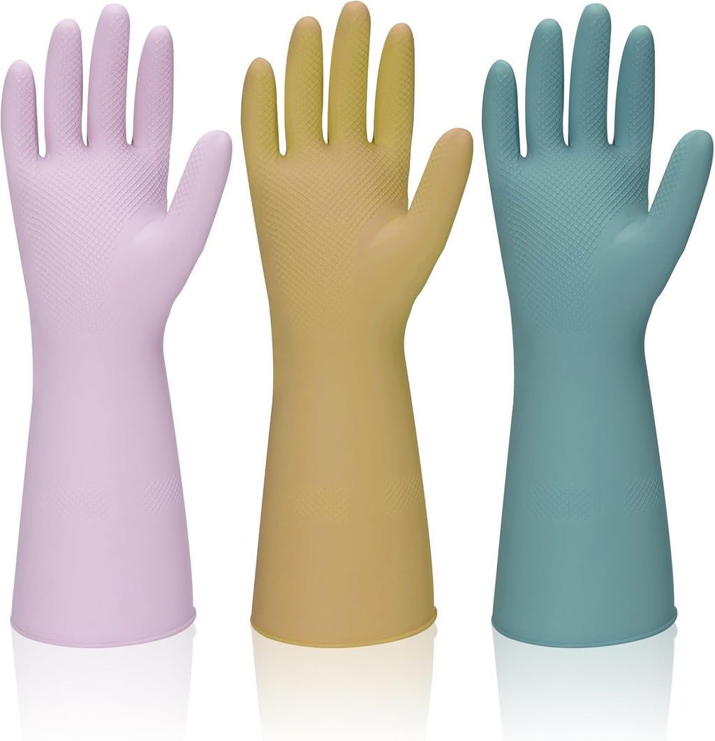 Reusable Kitchen Dishwashing Gloves - 3 Pairs Rubber Household Cleaning Gloves, Flexible and Durable & Non-slip Cleaning Gloves, Great for Kitchen, Laundry, Bathroom (S, Purple+Brown+Blackish Green)