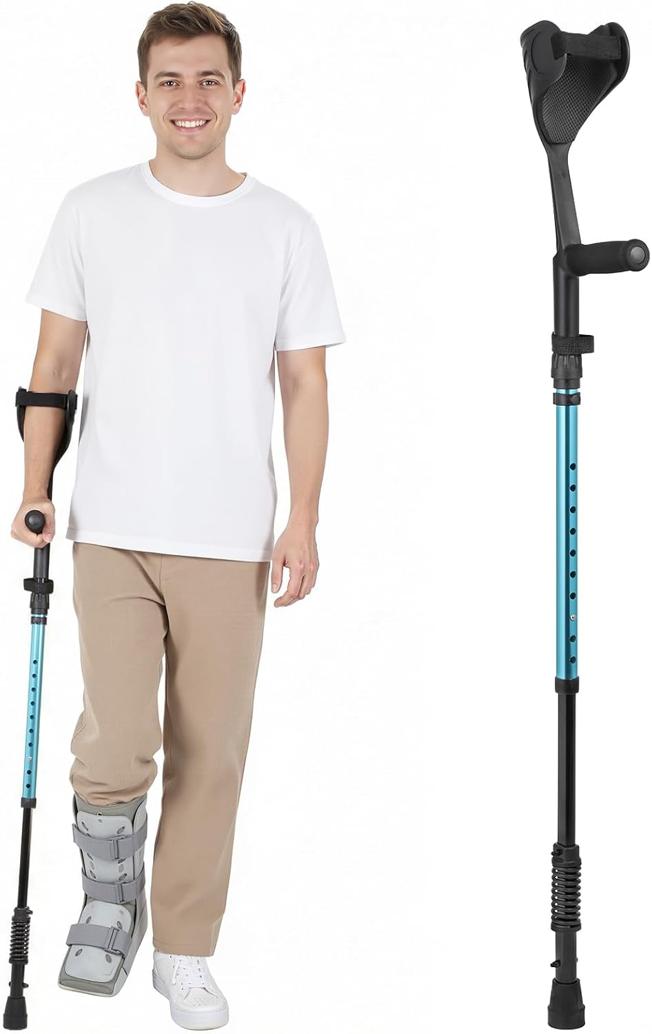 Ergonomic Forearm Crutches Spring Assist Crutches for Adults,Comfortable and Height Adjustable Arm Crutches Forearm with Anti-Slip Base,Walking Crutches with Cuffs, Not a Pair (Blue)