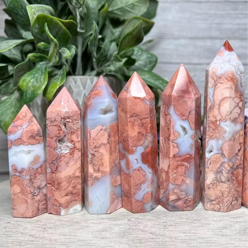 Natural Pink Agate Crystal Wand Point 2.7–4.3 inch – Polished Hexagonal Crystal Tower for Reiki Healing, Meditation, Chakra Balancing & Home Energy Decor (0.5LB(2-5pc))