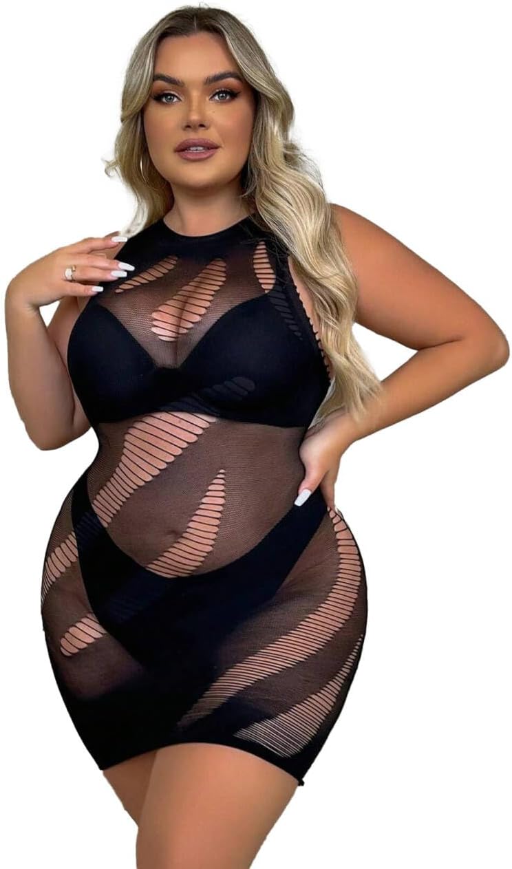 Sexy Lingerie for Women Plus Size Naughty Outfits Sheer Mesh Fishnet Bodycon Mini Dress Babydoll Chemise Swimsuit Cover Up