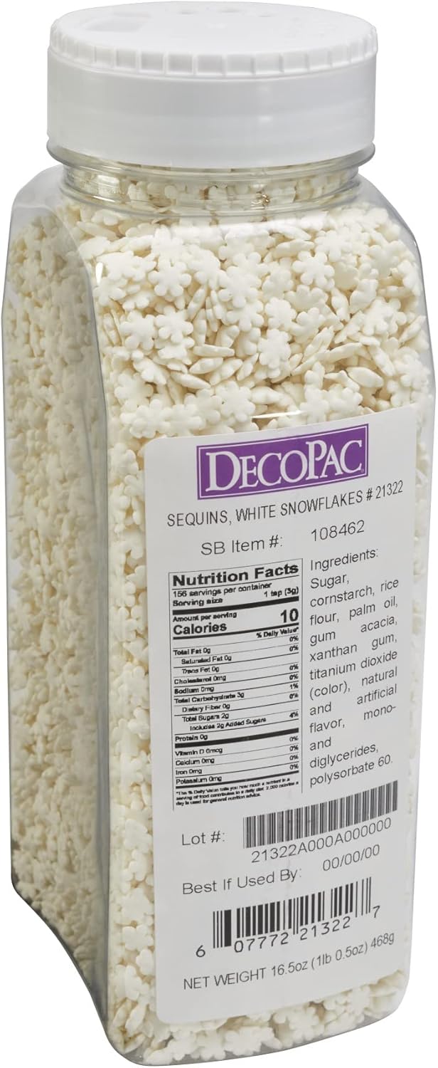 DecoPac White Snowflake Quins, 16.5oz, Fancy Sprinkles Shaped Like Snowflakes, Candy Sprinkles in Handheld Container, Edible Sprinkles For Celebration Cakes, Cupcakes, Cookies 1.03 Pound (Pack of 1)