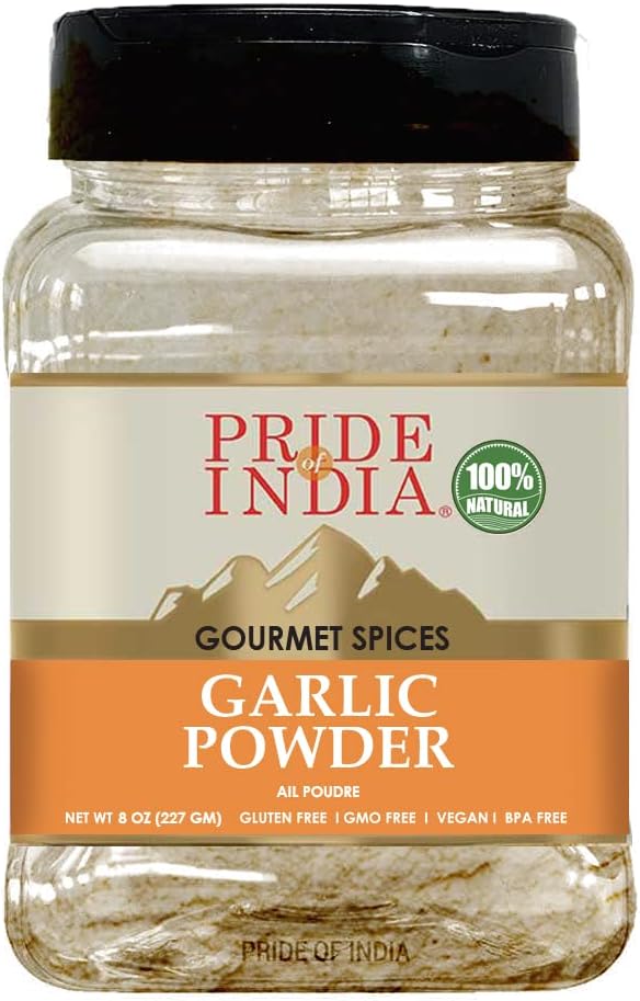 Pride of India – Garlic Fine Ground – Gourmet & Culinary Grade – Classic Seasoning to Pasta/Sauces/Dips/Bakes – Easy to Store – 8 oz. Medium Dual Sifter Bottle