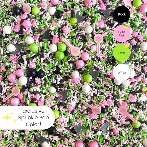 Sprinkle Pop Which Witch Sprinkle Mix| Black Green White Pink Sprinkles with ~20 Witch Hats Wands Wafer Paper| Halloween Sprinkles Made in USA for Decorating Cake Cupcakes Donuts Cookies Brownies,4oz