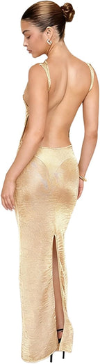 Women's Sexy Glitter Maxi Dress Open Back Sheer Mesh Beach Cover Up Dress Sleeveless Party Vacation Dresses