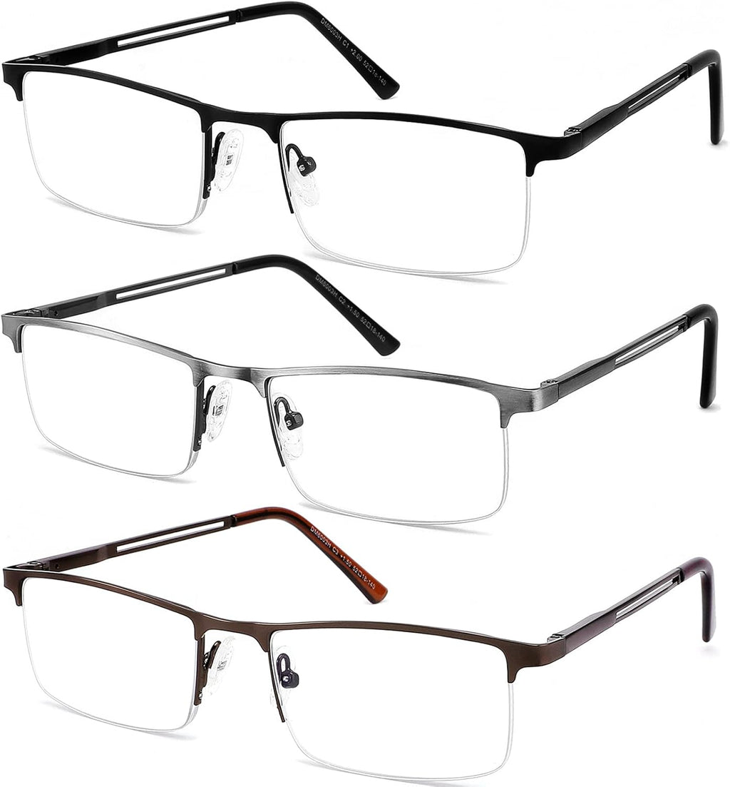 JJWELL 3 Pack Reading Glasses for Men Blue Light Blocking, Lightweight Metal Rectangle Semi Rimless Readers for Men, Anti Eyestrain/UV, Half Frame Spring Hinge Eyeglasses with Pouches 175