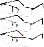 JJWELL 3 Pack Reading Glasses for Men Blue Light Blocking, Lightweight Metal Rectangle Semi Rimless Readers for Men, Anti Eyestrain/UV, Half Frame Spring Hinge Eyeglasses with Pouches 350