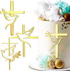 Mirror Acrylic Cake Topper - Dove Cross for Baptism, First Communion, Baby Shower, Birthday - Christian Party Decorations, DIY Cupcake Supplies, 3pcs