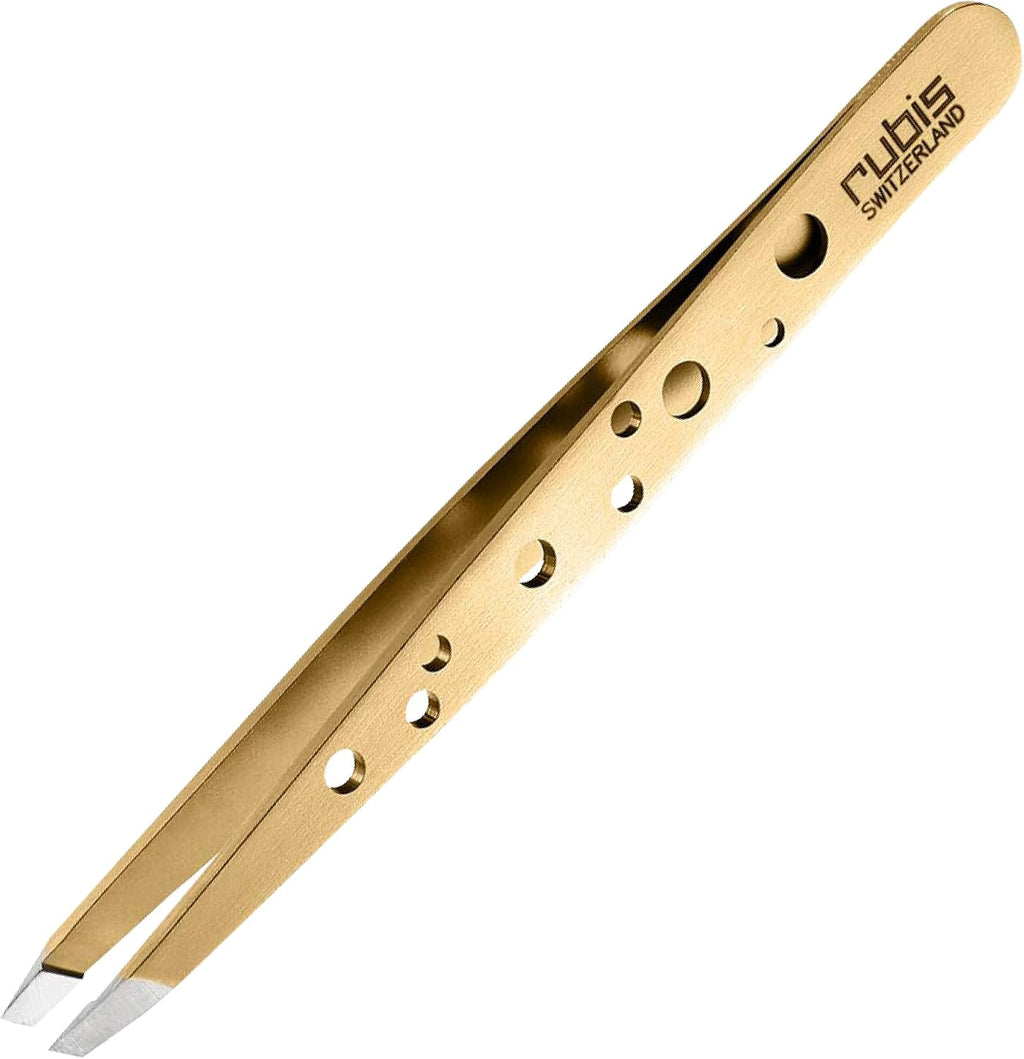 Rubis Hole Pattern Classic Stainless Steel Slanted Tweezers For Precise Eyebrows and Hair Removal, 1K111REDGOLD, Red Gold, The Elegance Collection,Rubis Switzerland Swiss Made World Renowned Precision