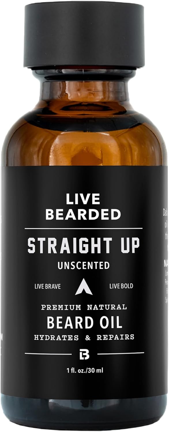 Live Bearded Beard Oil, 1 fl oz - Premium All-Natural Jojoba - Made in the USA - Hair and Skin Care for Men with Dry, Flaky Patches | Straight Up Unscented - Fragrance-Free