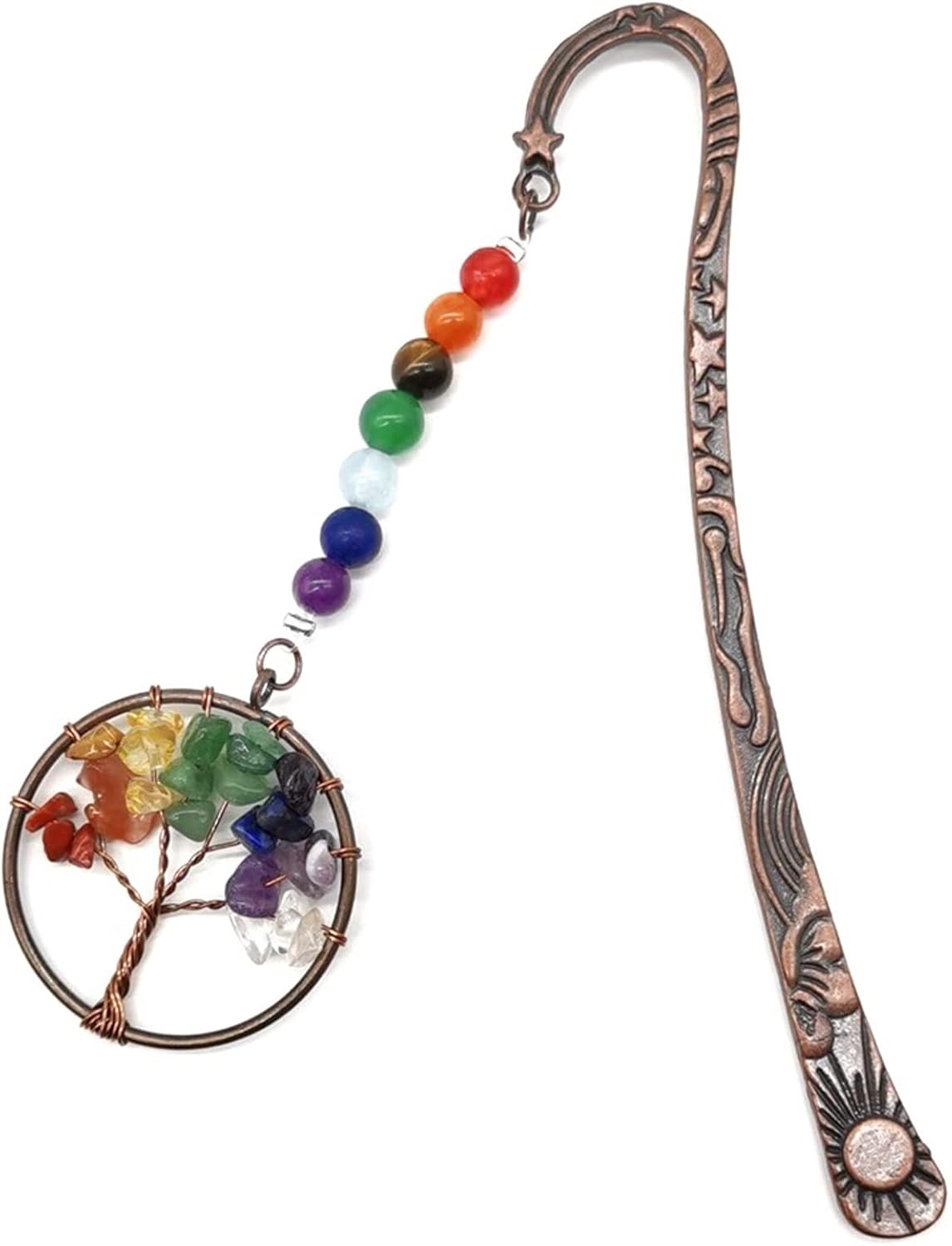 1PCS Vintage Copper Metal Bookmark Antique Chakra Crystals Antique Tree Bookmarks Personalized Bookmark Handmade Beading Bookmarks for Book Lovers Tumbled Gemstones Bookmarks for Library Study