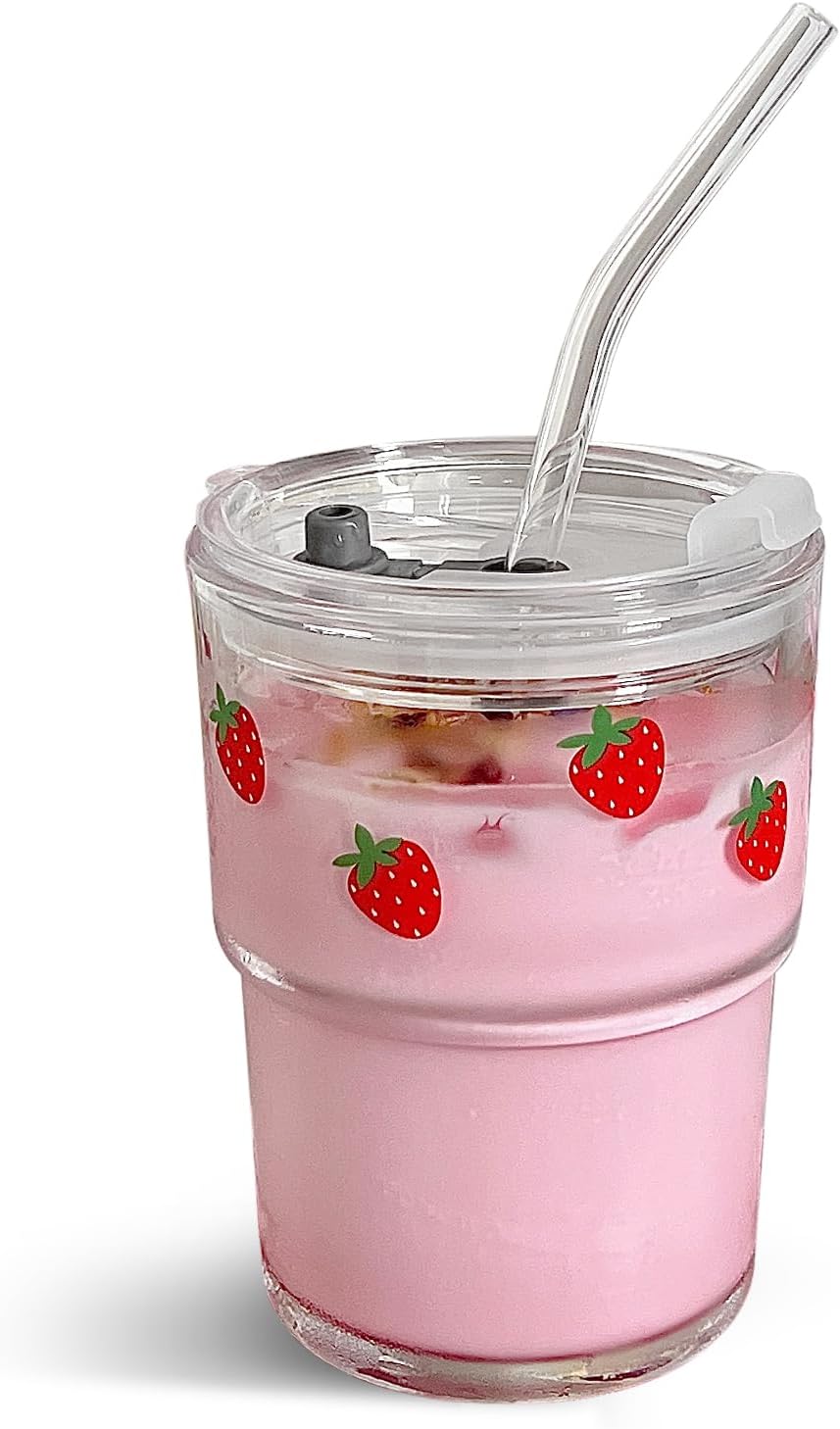 Olvini 13oz Glass Tumbler with Straw and Lid, Reusable Iced Coffee Cup Tumbler, Cute Glass Cups for Water, Matcha, Travel Coffee Mugs (Strawberry - 13oz)