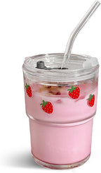 Olvini 13oz Glass Tumbler with Straw and Lid, Reusable Iced Coffee Cup Tumbler, Cute Glass Cups for Water, Matcha, Travel Coffee Mugs (Strawberry - 13oz)