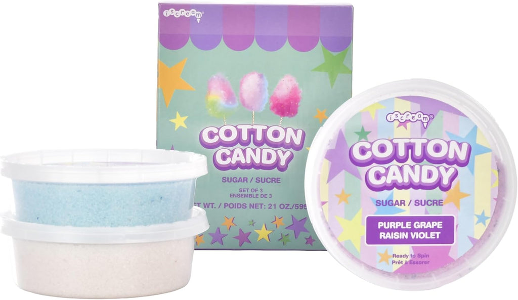iscream Fruity Favorites Cotton Candy Floss Sugar Assortment in Purple Grape, Blue Raspberry and Pink Strawberry Flavors